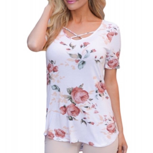 Sea Through Heart Tops - PRICE DROP WHITE FLORAL CRISSCROSS TOP MEDIUM